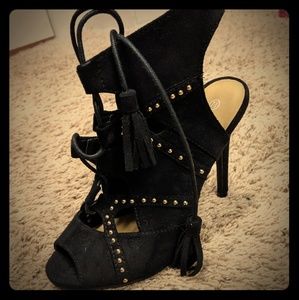 Black suede lace up heels woth gold embelishments